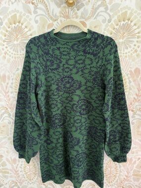 Anthropologie Maeve The Beatriz Mock-Neck Sweater Dress In Green Jacquard Size M